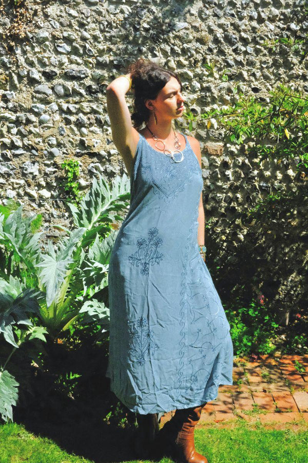 Indian Embroidered Strappy Maxi in Pearl Blue