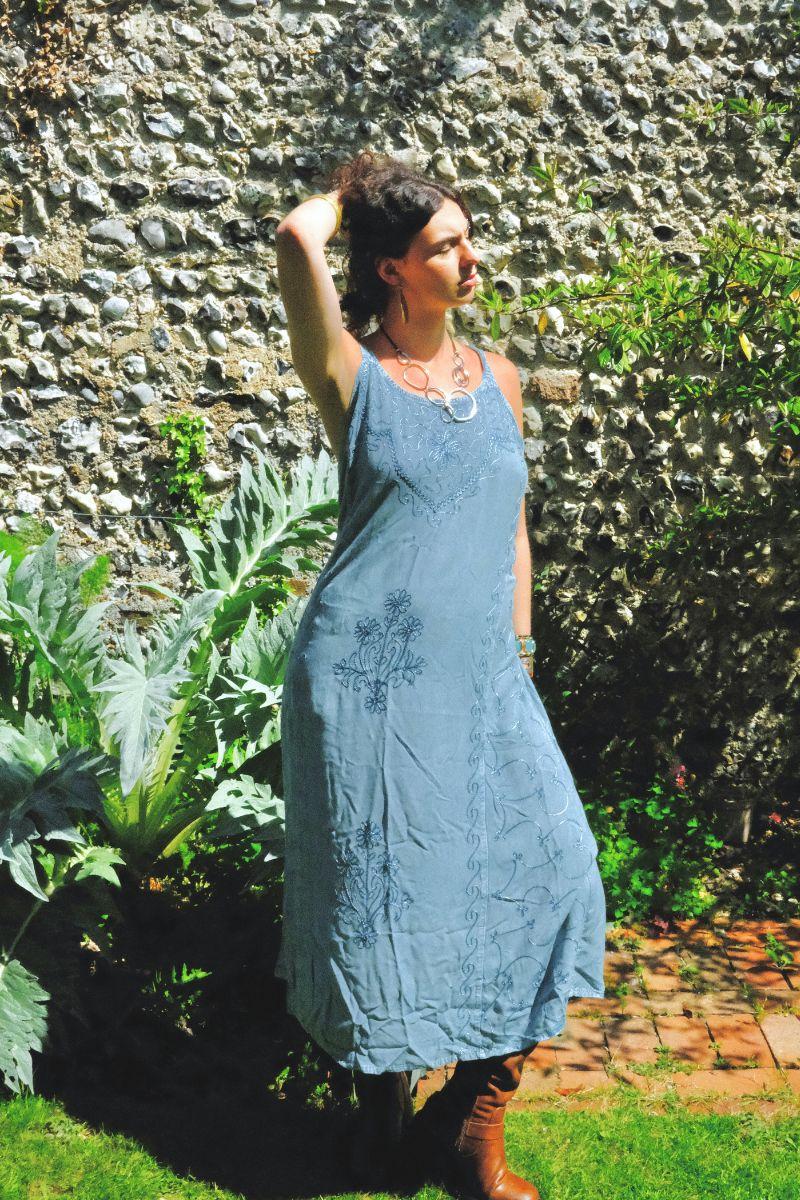 Indian Embroidered Strappy Maxi in Pearl Blue