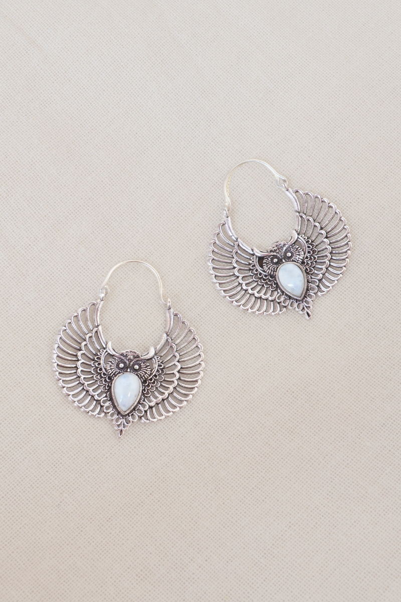 Moonstone Owls Silver Plated Earrings