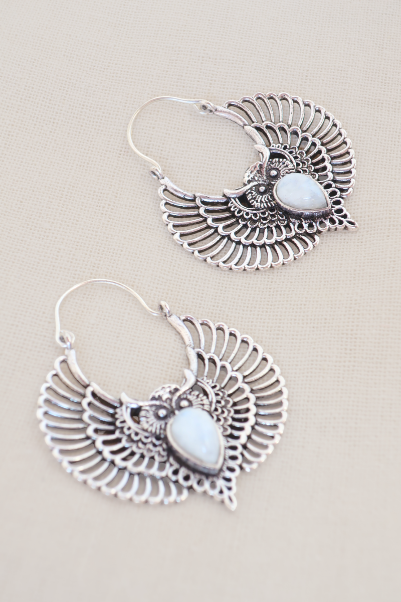 Moonstone Owls Silver Plated Earrings