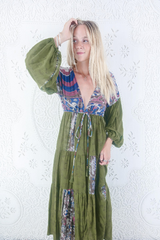 Gypsophila Maxi Dress - Vintage Indian Cotton - Moss Green Hands & Peacock Motif - M/L By All About Audrey