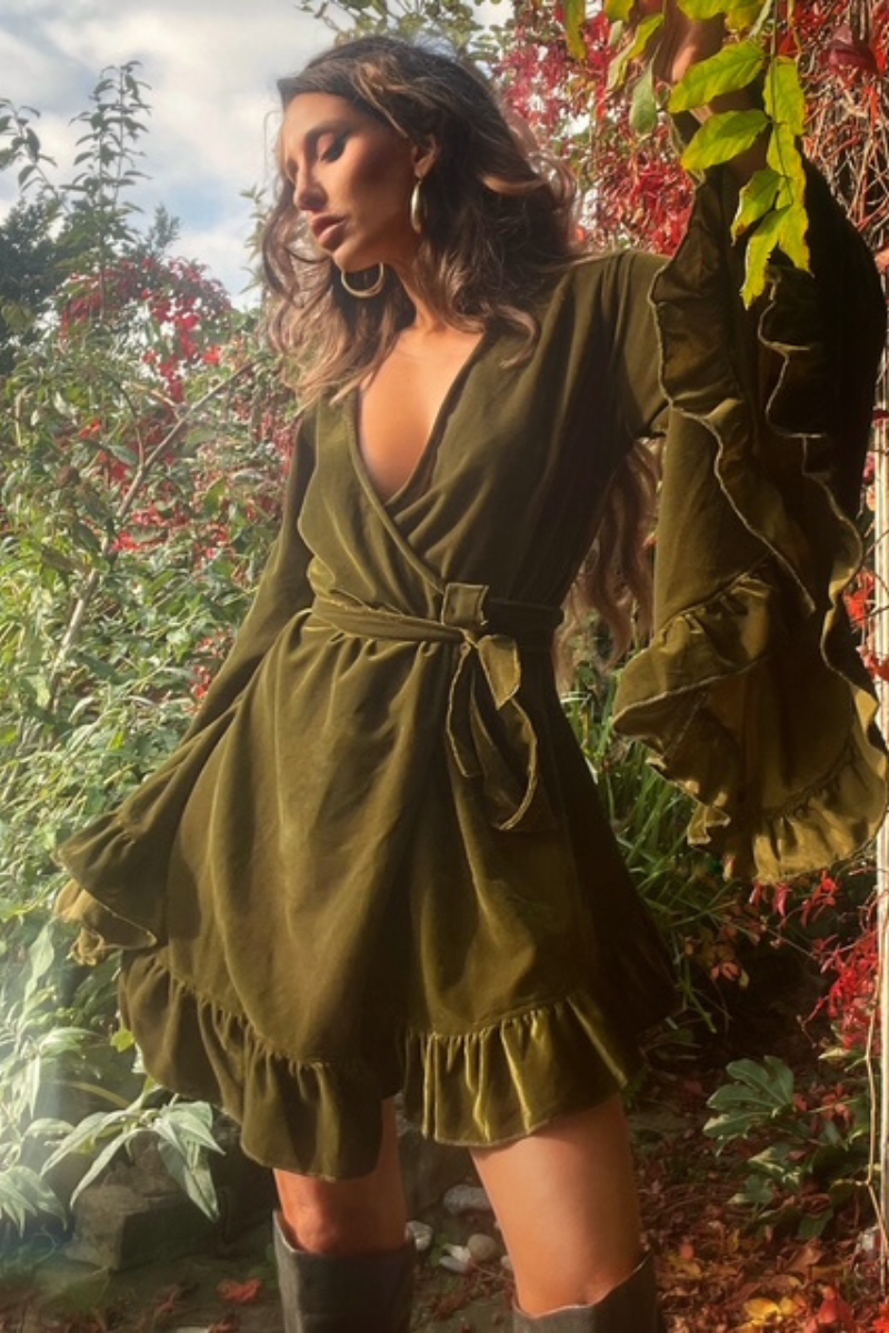 Khroma Venus Mini Wrap Dress in Ophelia Green Velvet
