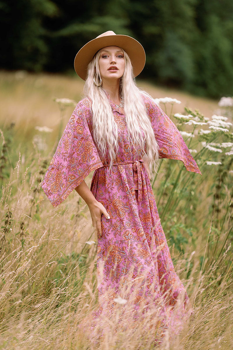 block print indian kaftan midi bohemian hippie cotton apollo dress 70s boho floral print sparkly adini style angel sleeve in pink violet by all about audrey