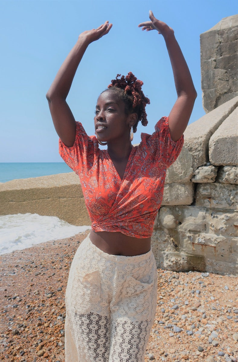 Diana Wrap Top - Coral Orange Floral