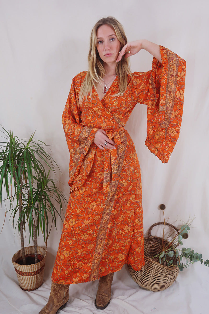 Venus Folklore Floral Wrap Dress in Maple Orange