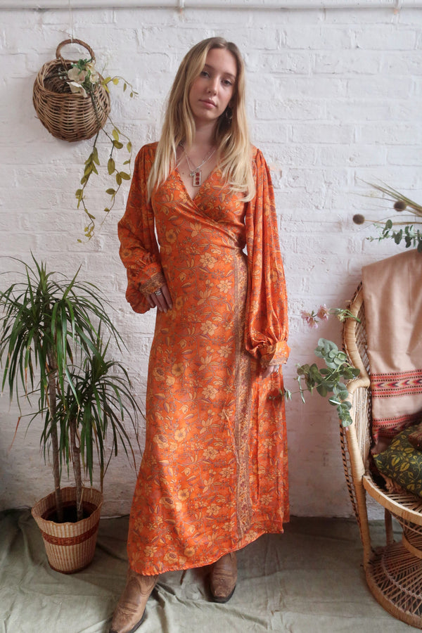 Lola Folklore Floral Wrap Dress in Maple Orange