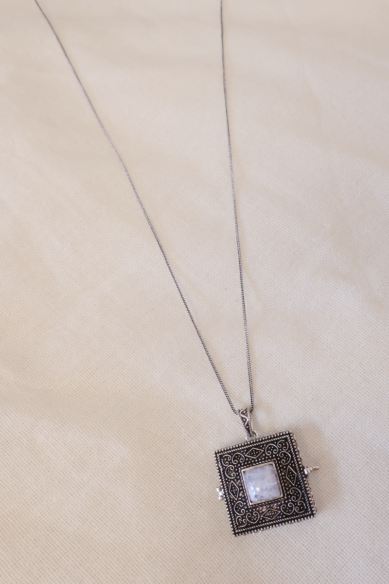 Ornate Locket Necklace in Silver with Moonstone