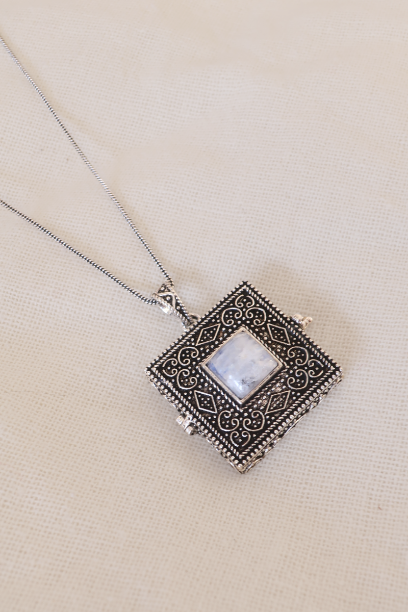 Ornate Locket Necklace in Silver with Moonstone