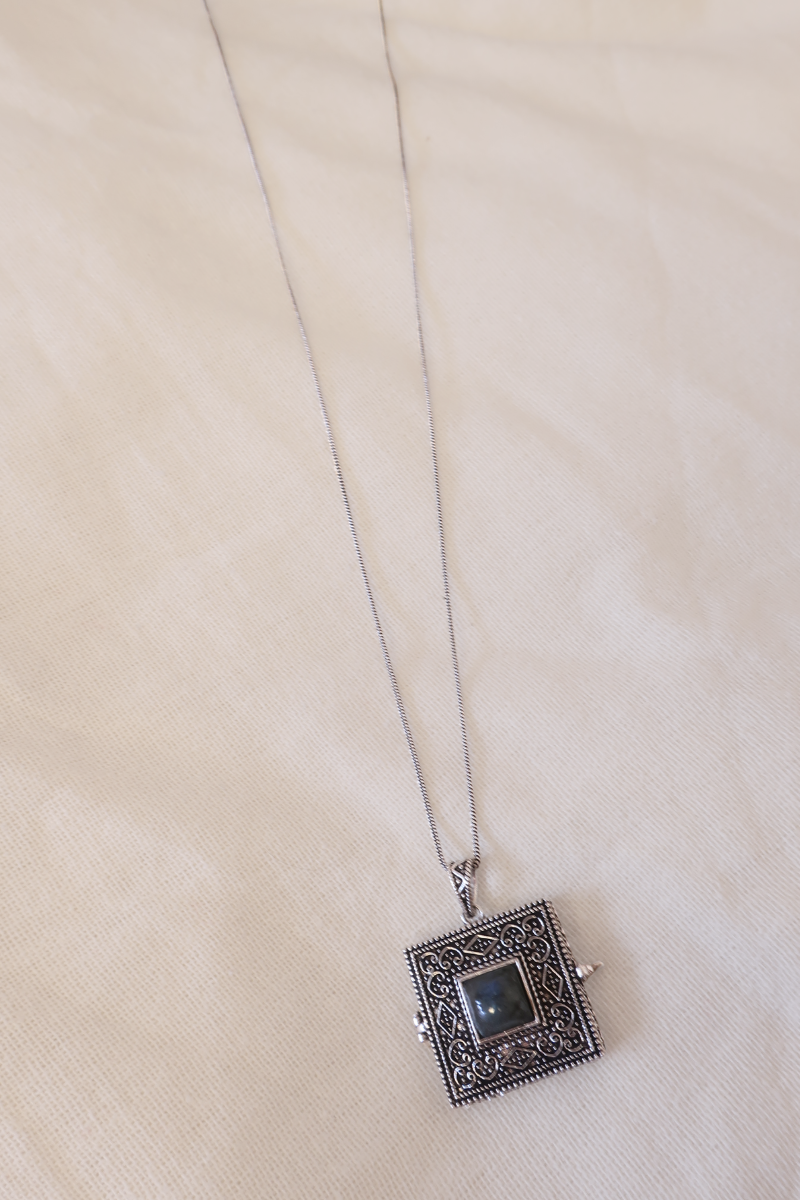 Ornate Locket Necklace in Silver with Labradorite Stone