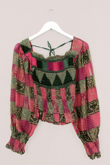 Pearl Top - Vintage Indian Cotton - Pine & Pink Patchwork - Size XS - S By All About Audrey
