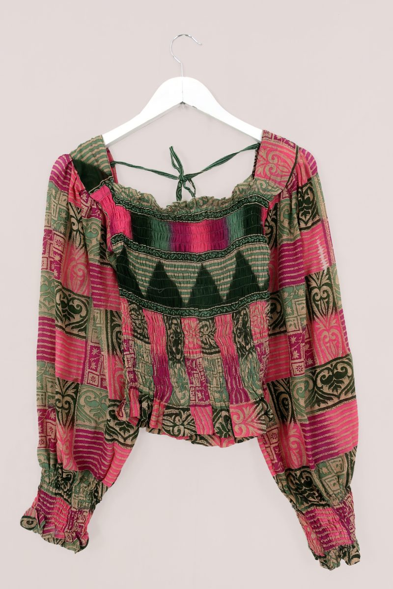 Pearl Top - Vintage Indian Cotton - Pine & Pink Patchwork - Size XS - S By All About Audrey