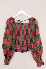 Pearl Top - Vintage Indian Cotton - Checkered Berry & Sage - XS - S By All About Audrey