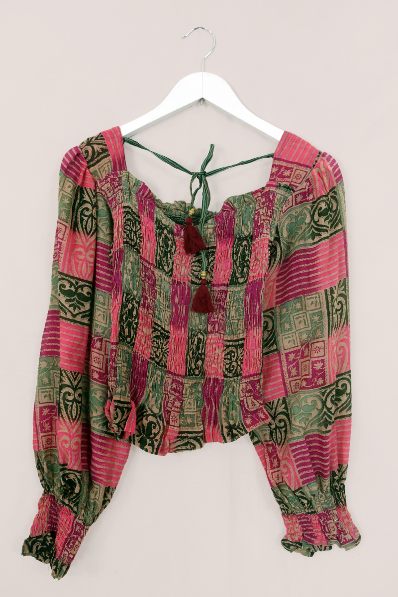 Pearl Top - Vintage Indian Cotton - Pine & Pink Patchwork - Size XS - S By All About Audrey