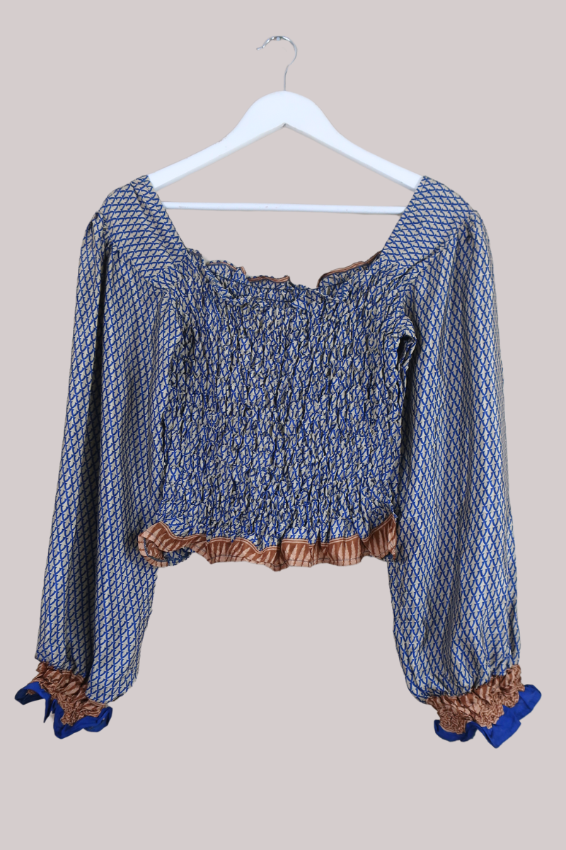 Pearl Vintage Sari Top - Navy & White Gold Tile Motif - Free Size by All About Audrey