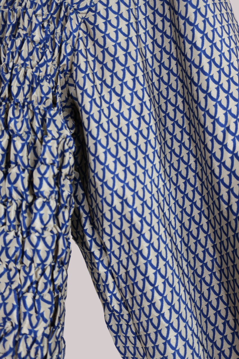 Pearl Vintage Sari Top - Navy & White Gold Tile Motif - Free Size by All About Audrey