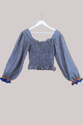 Pearl Vintage Sari Top - Navy & White Gold Tile Motif - Free Size by All About Audrey