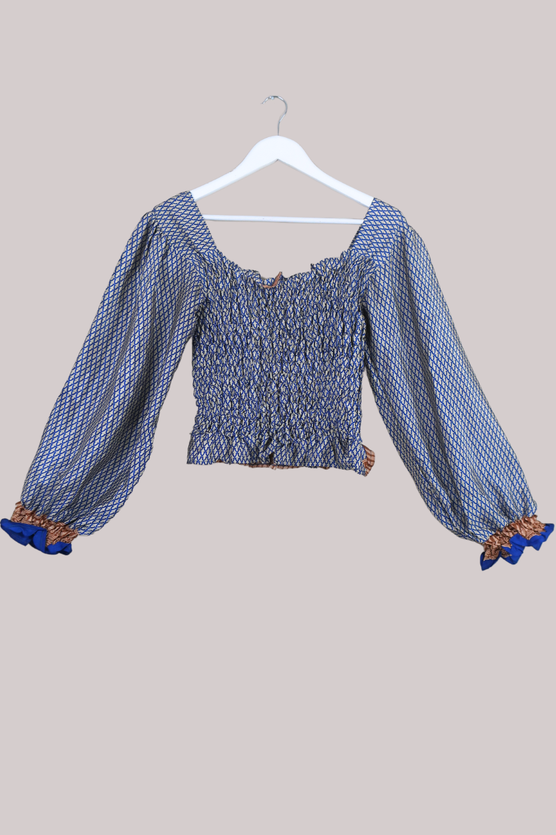 Pearl Vintage Sari Top - Navy & White Gold Tile Motif - Free Size by All About Audrey