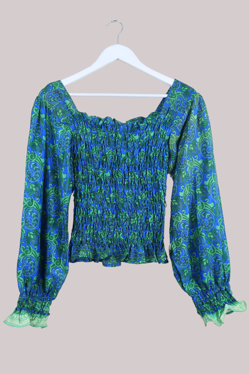 Pearl Vintage Sari Top - Royal Blue & Rosemary Green Floral - Free Size by All About Audrey