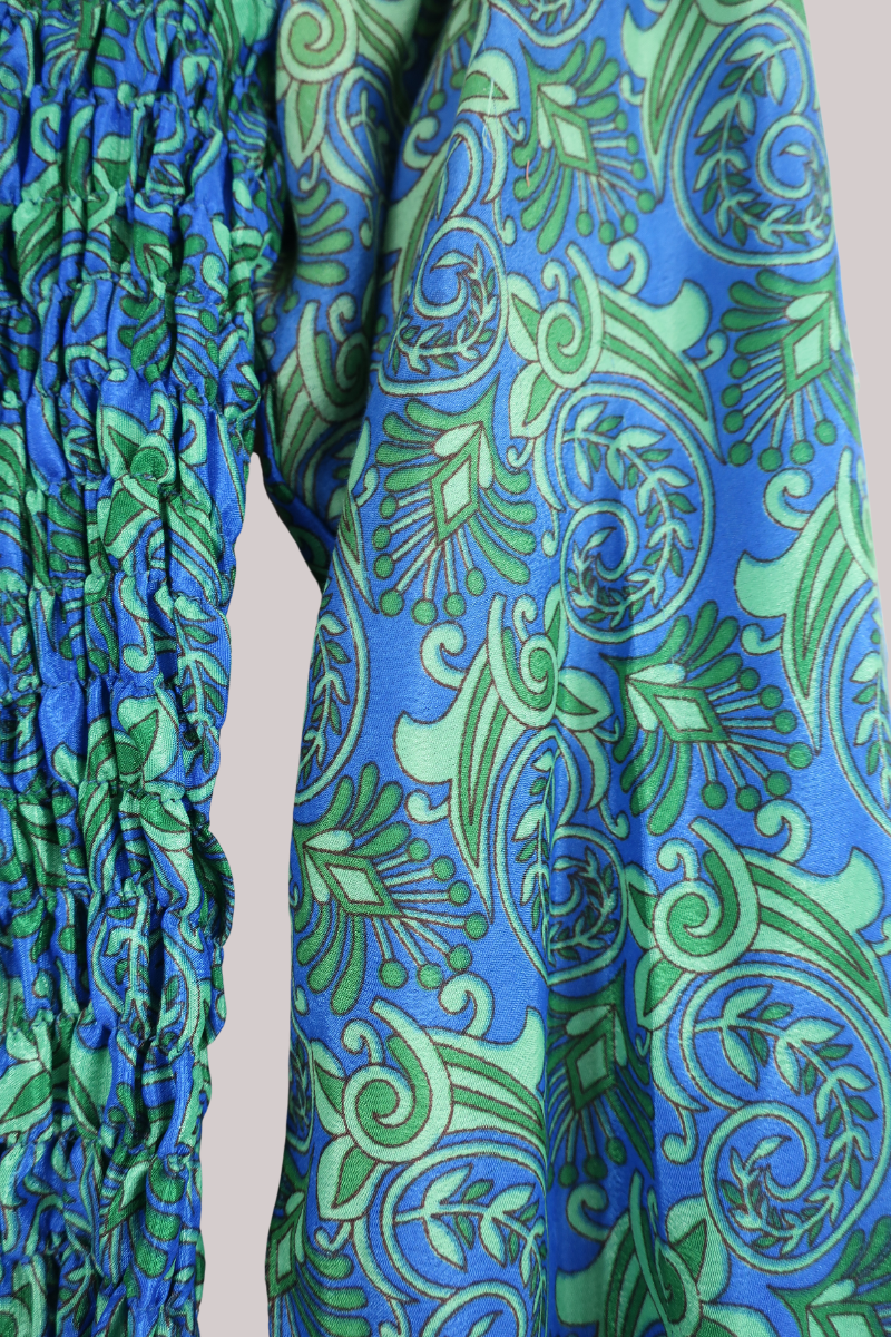 Pearl Vintage Sari Top - Royal Blue & Rosemary Green Floral - Free Size by All About Audrey