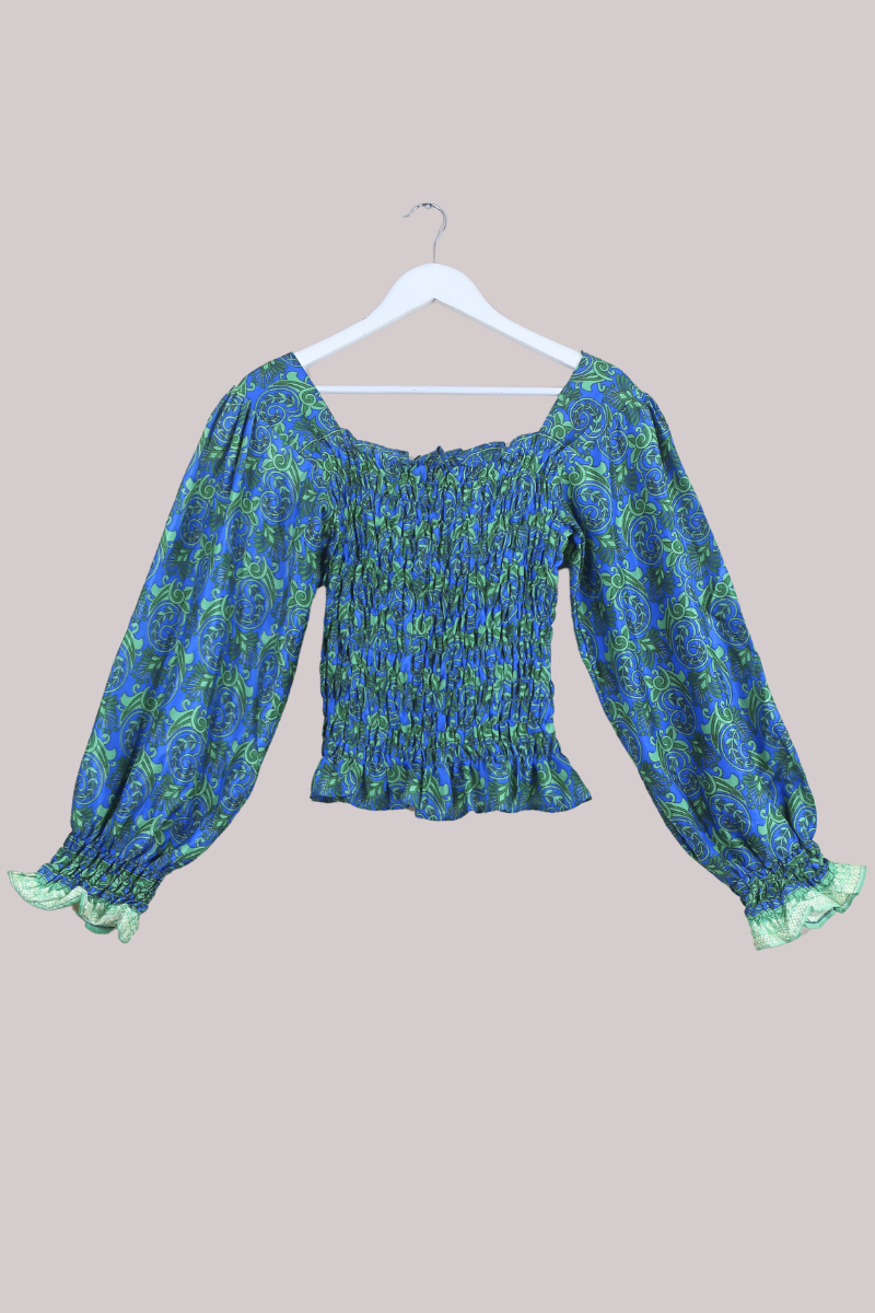 Pearl Vintage Sari Top - Royal Blue & Rosemary Green Floral - Free Size by All About Audrey