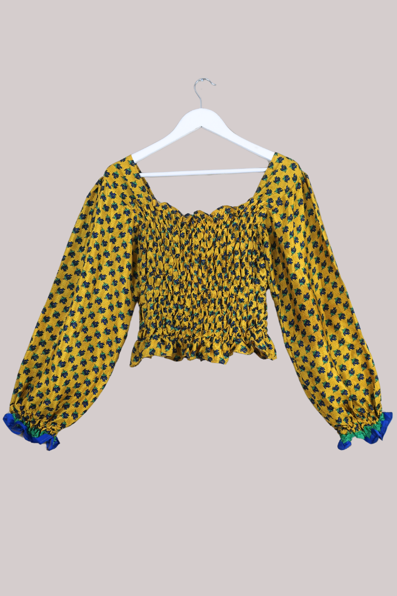 Pearl Vintage Sari Top - Mustard Yellow Floral - Free Size by All About Audrey