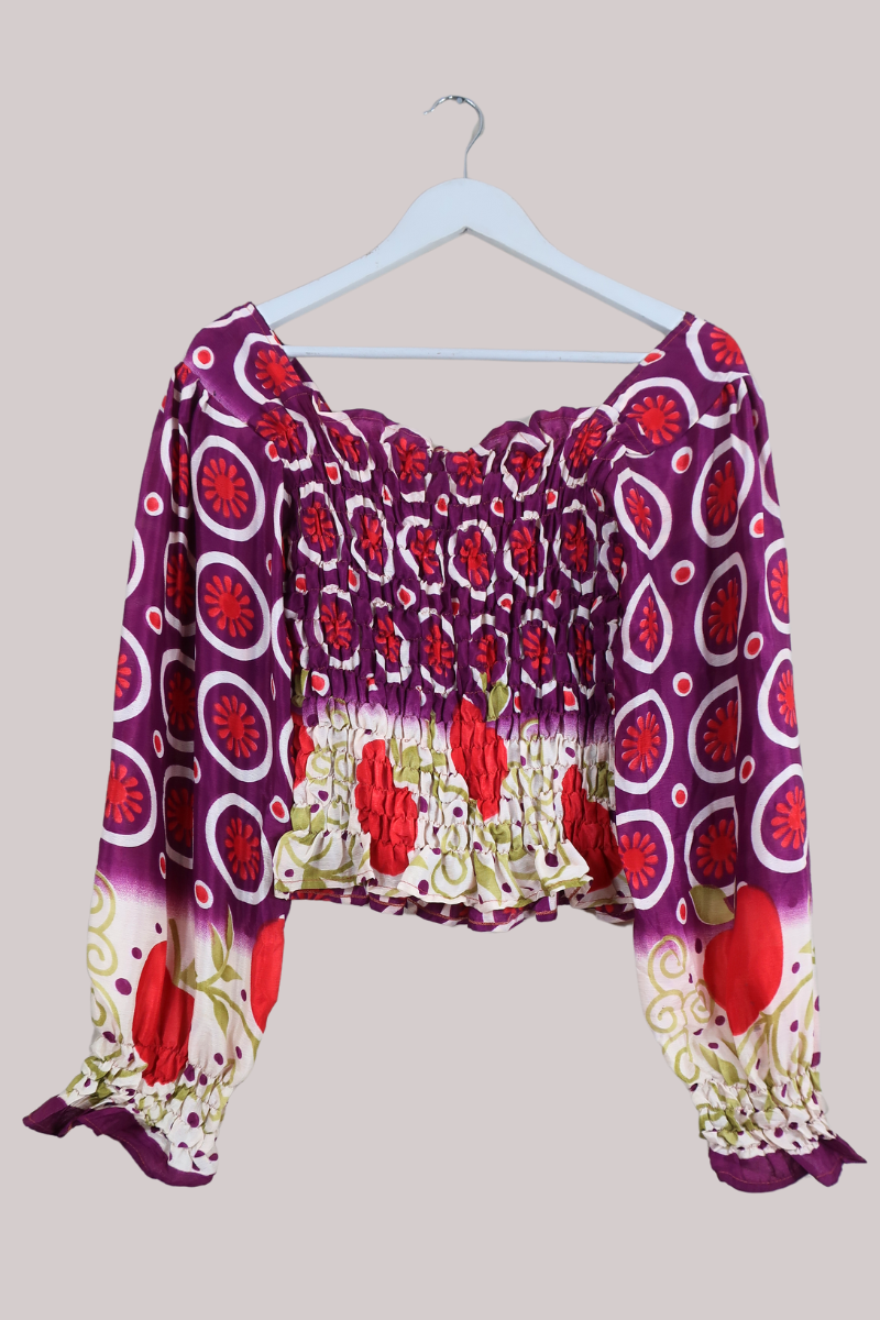 Pearl Vintage Sari Top - Purple Graphic Floral - Free Size by All About Audrey