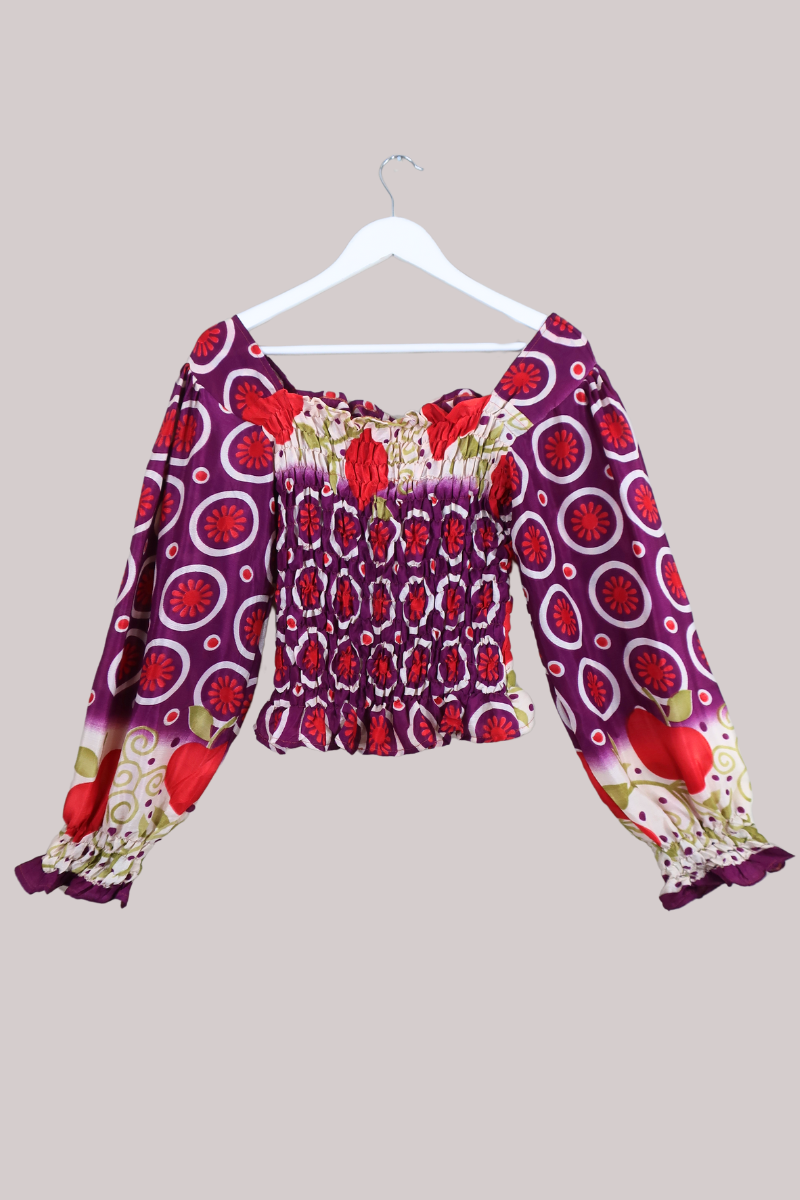 Pearl Vintage Sari Top - Purple Graphic Floral - Free Size by All About Audrey