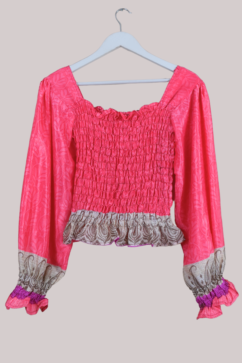 Pearl Vintage Sari Top - Vibrant Rose Pink - Free Size by All About Audrey