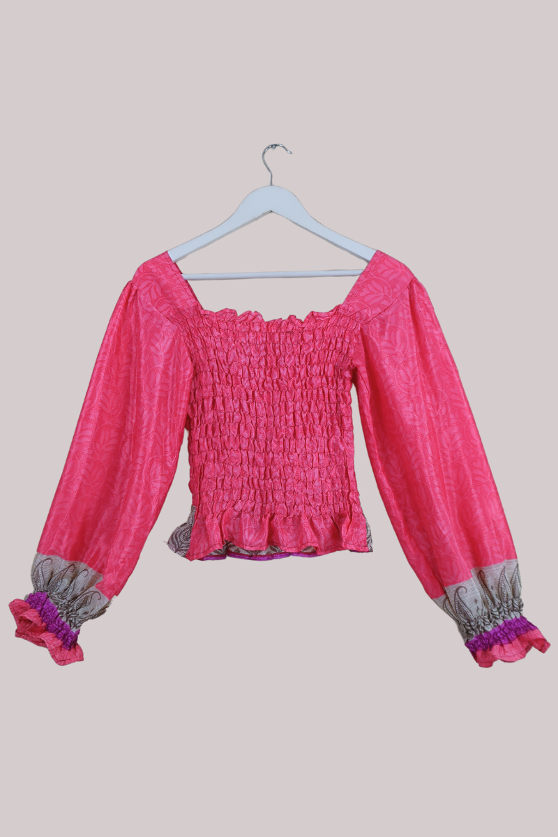 Pearl Vintage Sari Top - Vibrant Rose Pink - Free Size by All About Audrey