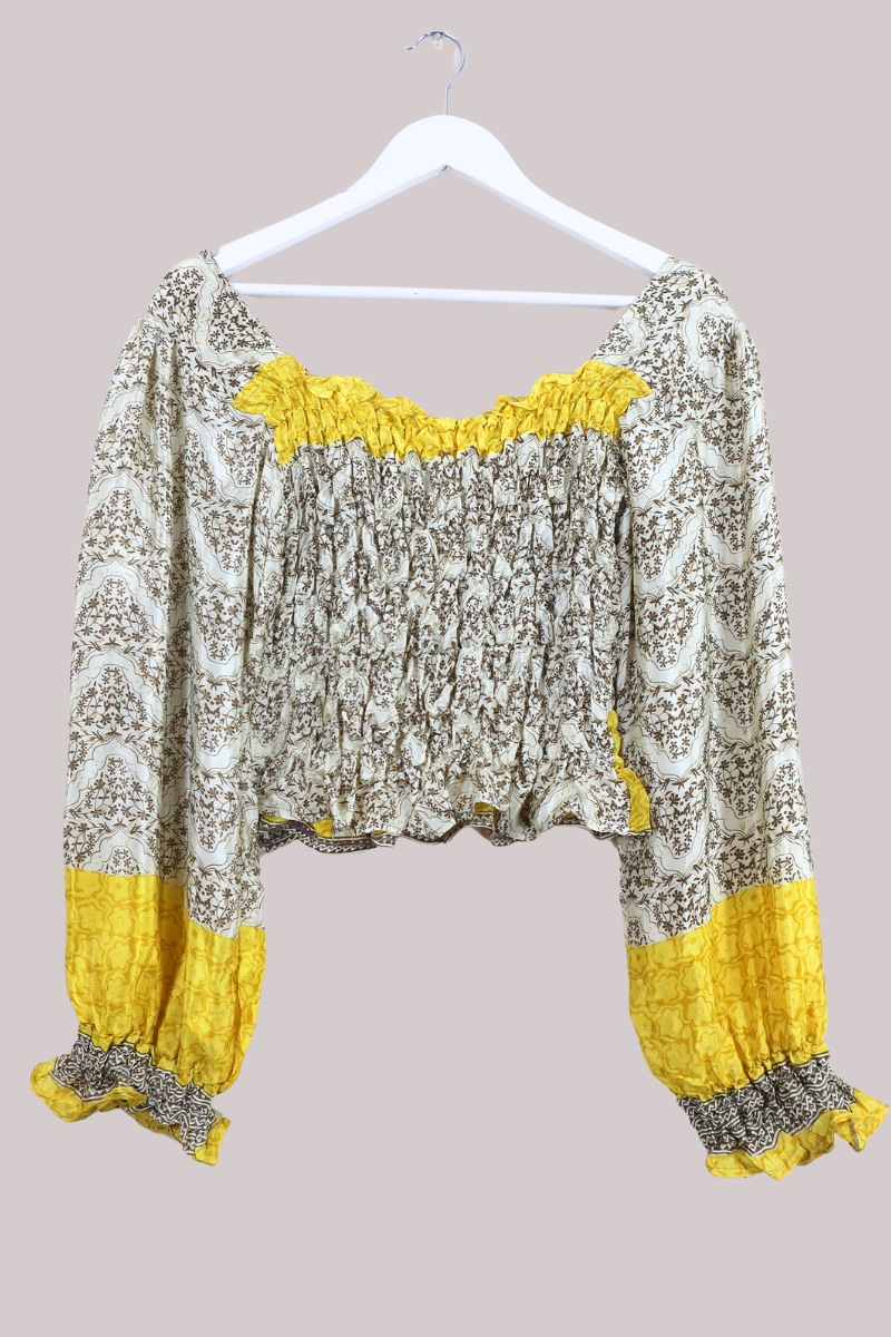 Pearl Vintage Sari Top - Yellow & Cream Wildflower - Free Size by All About Audrey