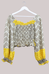 Pearl Vintage Sari Top - Yellow & Cream Wildflower - Free Size by All About Audrey