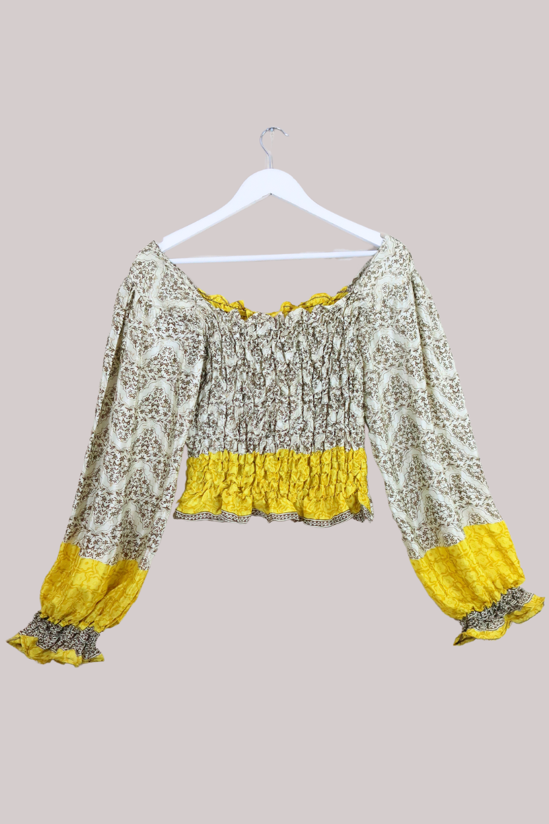 Pearl Vintage Sari Top - Yellow & Cream Wildflower - Free Size by All About Audrey