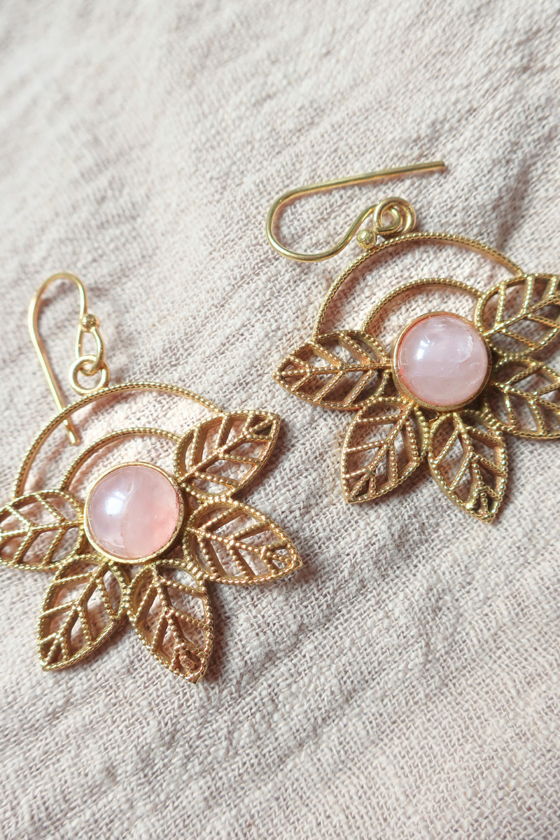 Ivy Drop Earrings in Gold with Rose Quartz