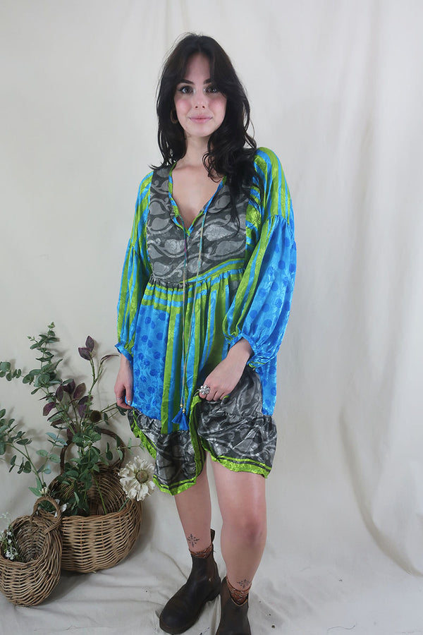 SALE | Poppy Mini Smock Dress - Vintage Sari - Vivid Evergreen Climber - XS By All About Audrey