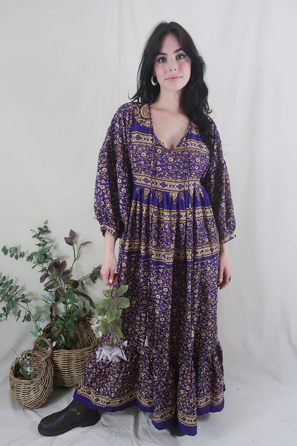 Poppy Smock Dress - Vintage Sari - Rich Purple & Gold Floral - XS By All About Audrey