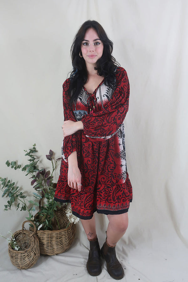 SALE | Poppy Mini Smock Dress - Vintage Sari - Harlequin Red & Black Paisley Print - S By All About Audrey