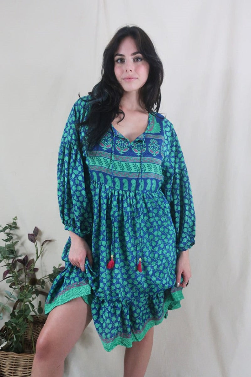 Poppy Mini Smock Dress - Vintage Sari - Seafoam & Sapphire Leaves - XS By All About Audrey