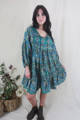 Poppy Mini Smock Dress - Vintage Sari - Jade Green & Antique Ornaments - XS by All About Audrey