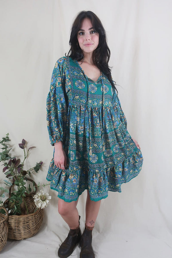 Poppy Mini Smock Dress - Vintage Sari - Jade Green & Antique Ornaments - XS by All About Audrey
