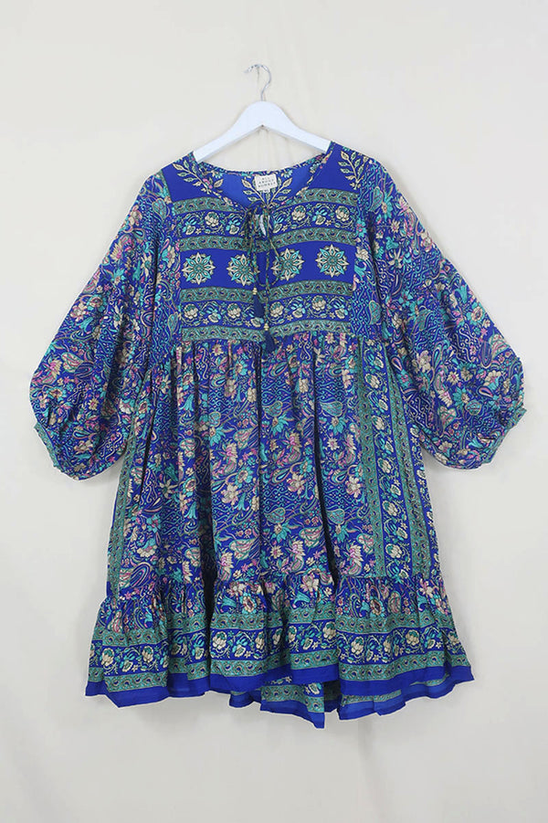 Poppy Mini Smock Dress - Vintage Sari - Indigo Blue & Ivory Wildflower - S By All About Audrey