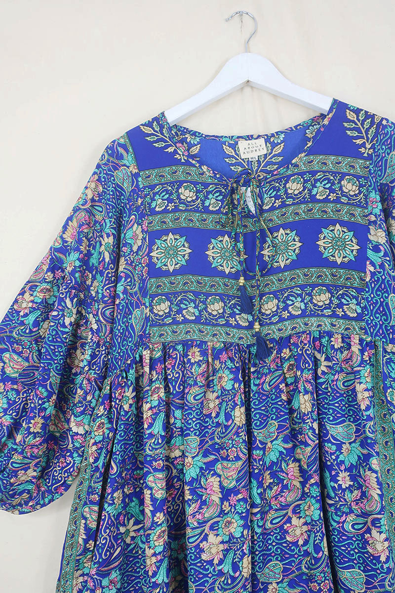 Poppy Mini Smock Dress - Vintage Sari - Indigo Blue & Ivory Wildflower - S By All About Audrey