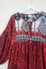 SALE | Poppy Mini Smock Dress - Vintage Sari - Harlequin Red & Black Paisley Print - S