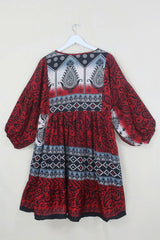 SALE | Poppy Mini Smock Dress - Vintage Sari - Harlequin Red & Black Paisley Print - S