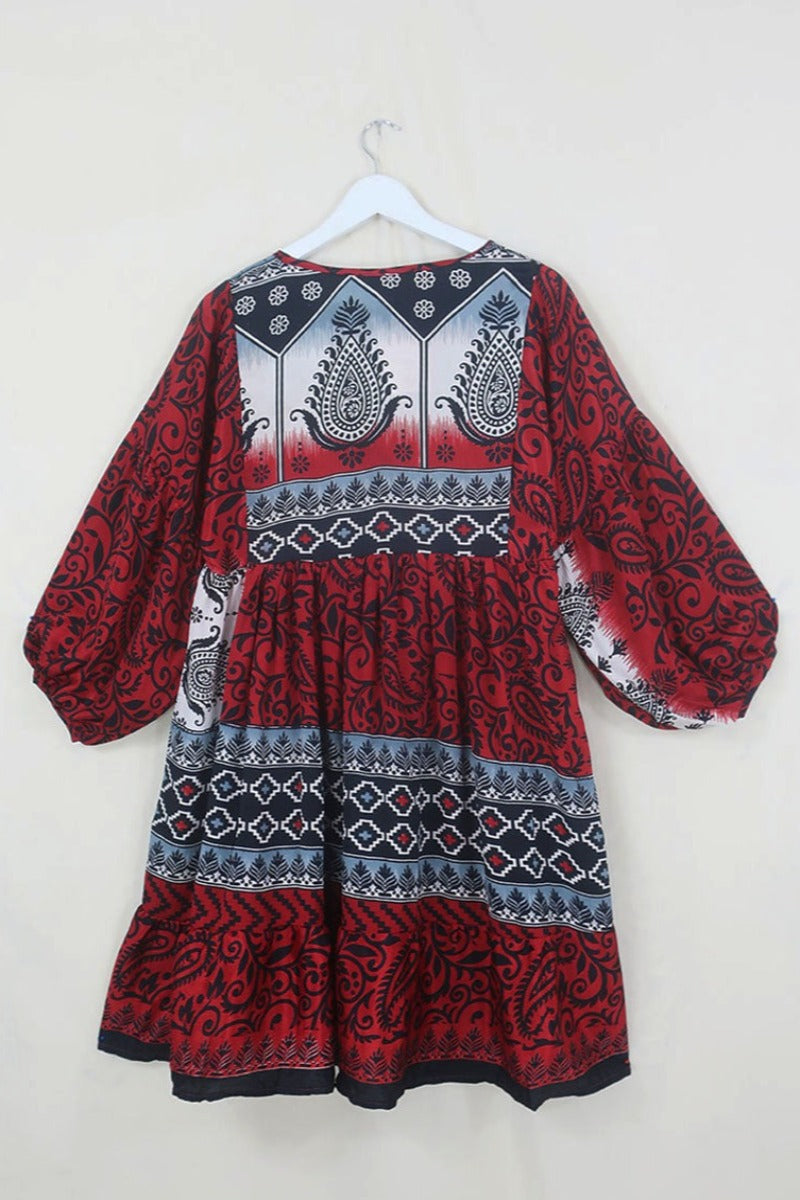 SALE | Poppy Mini Smock Dress - Vintage Sari - Harlequin Red & Black Paisley Print - S