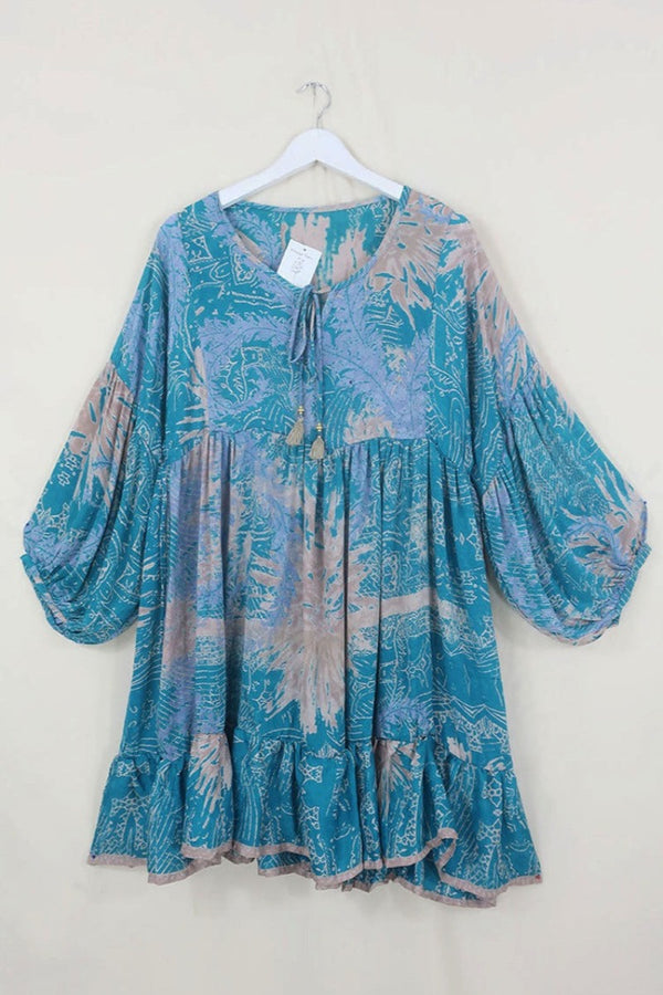 SALE | Poppy Mini Smock Dress - Vintage Sari - Teal & Sunburst Fern - S by All About Audrey