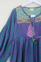 Poppy Mini Smock Dress - Vintage Sari - Emerald & Magenta Celtic Swirls - XS by All About Audrey