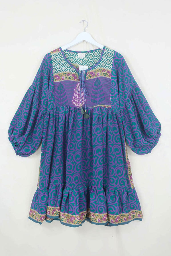 Poppy Mini Smock Dress - Vintage Sari -  Emerald & Magenta Celtic Swirls - XS By All About Audrey