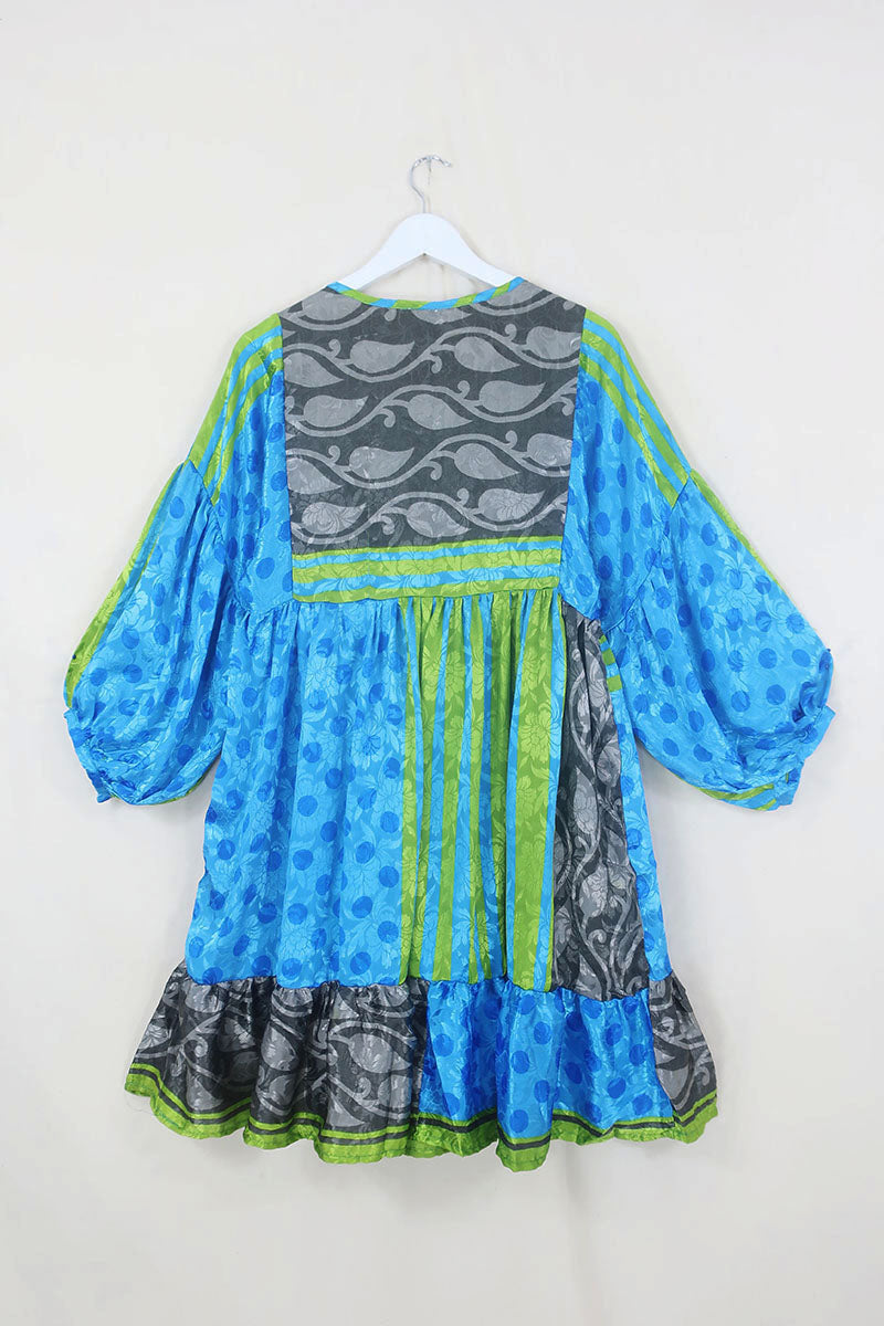 SALE | Poppy Mini Smock Dress - Vintage Sari - Vivid Evergreen Climber - XS
