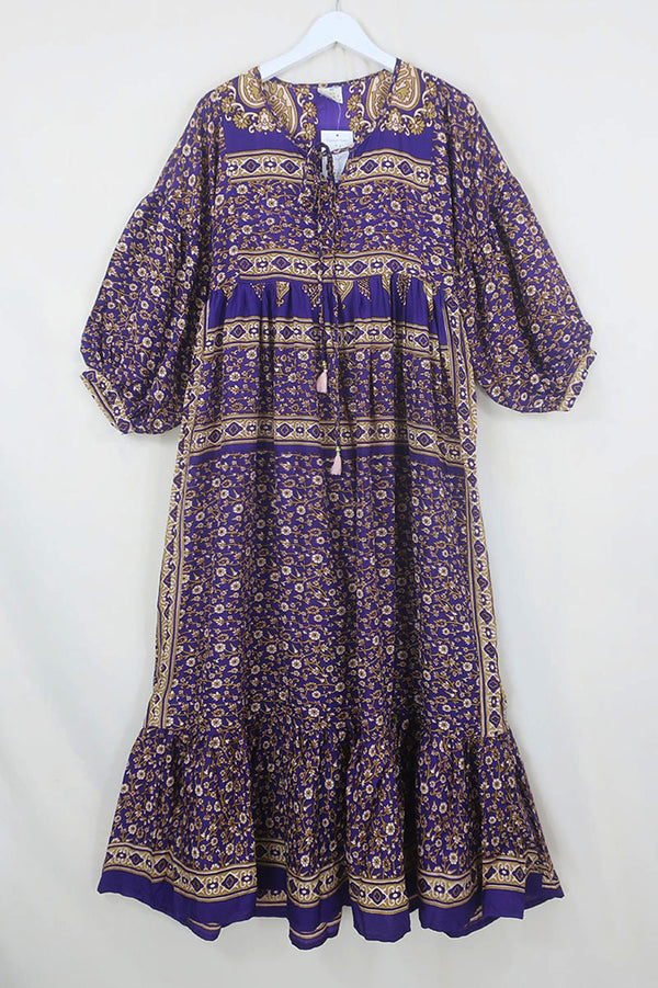 Poppy Smock Dress - Vintage Sari - Rich Purple & Gold Floral - XS by All About Audrey