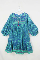 Poppy Mini Smock Dress - Vintage Sari - Seafoam & Sapphire Leaves - XS By All About Audrey